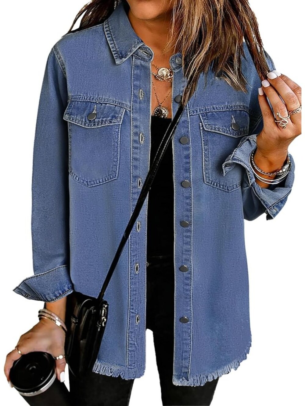 Womens Nightfall Blue Button Down Oversized Distressed Denim Jean Jacket Shacket